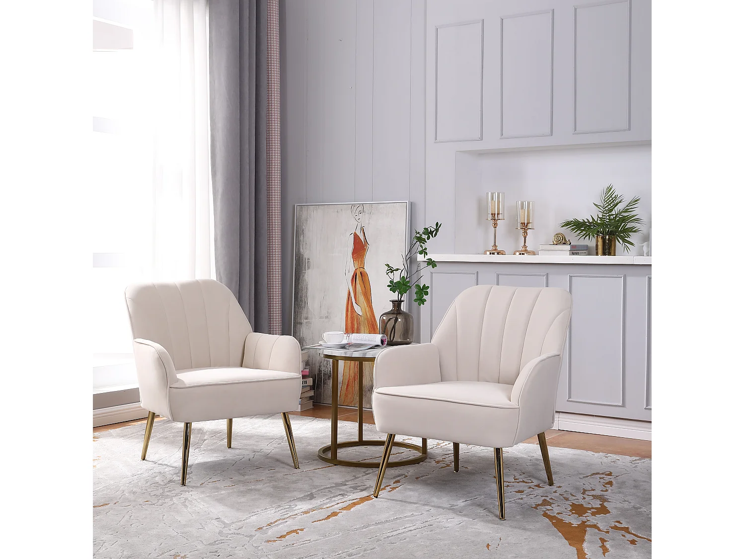 Fauteuil, velours, convient à toutes les occasions, couleur beige, lot de 2 pièces.