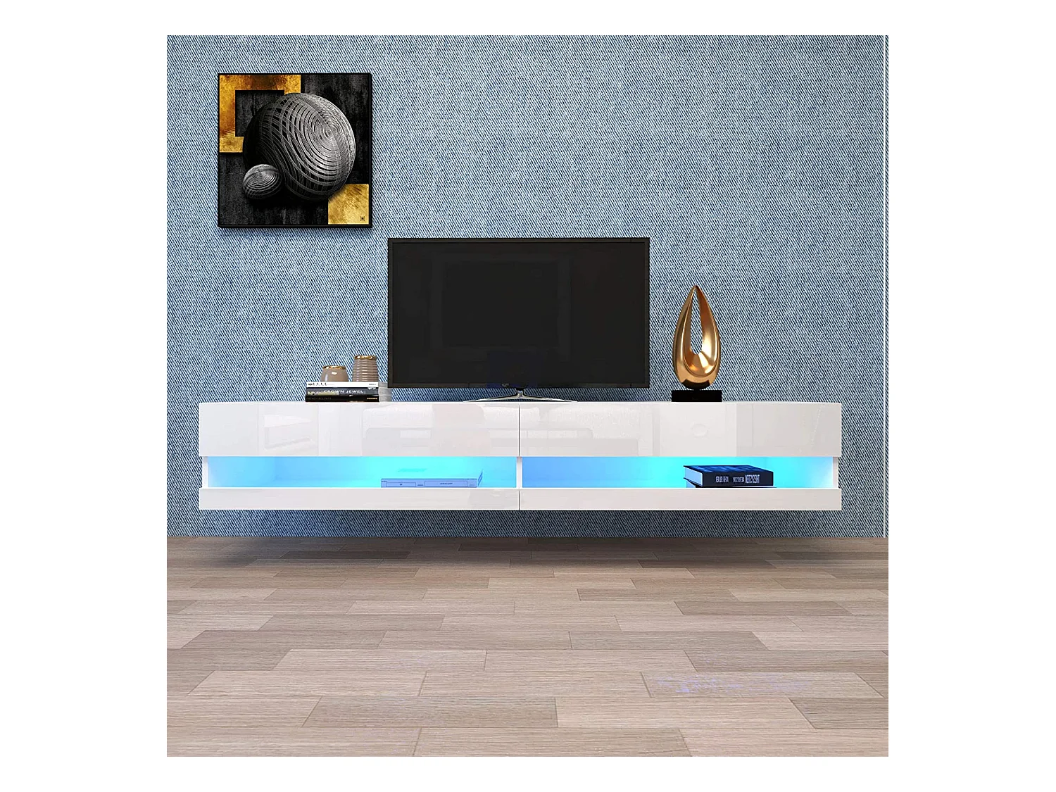 Mobile TV LED bianco con illuminazione, mobile TV basso con contenitore, design moderno, MDF, bianco (140x40x30,5cm)