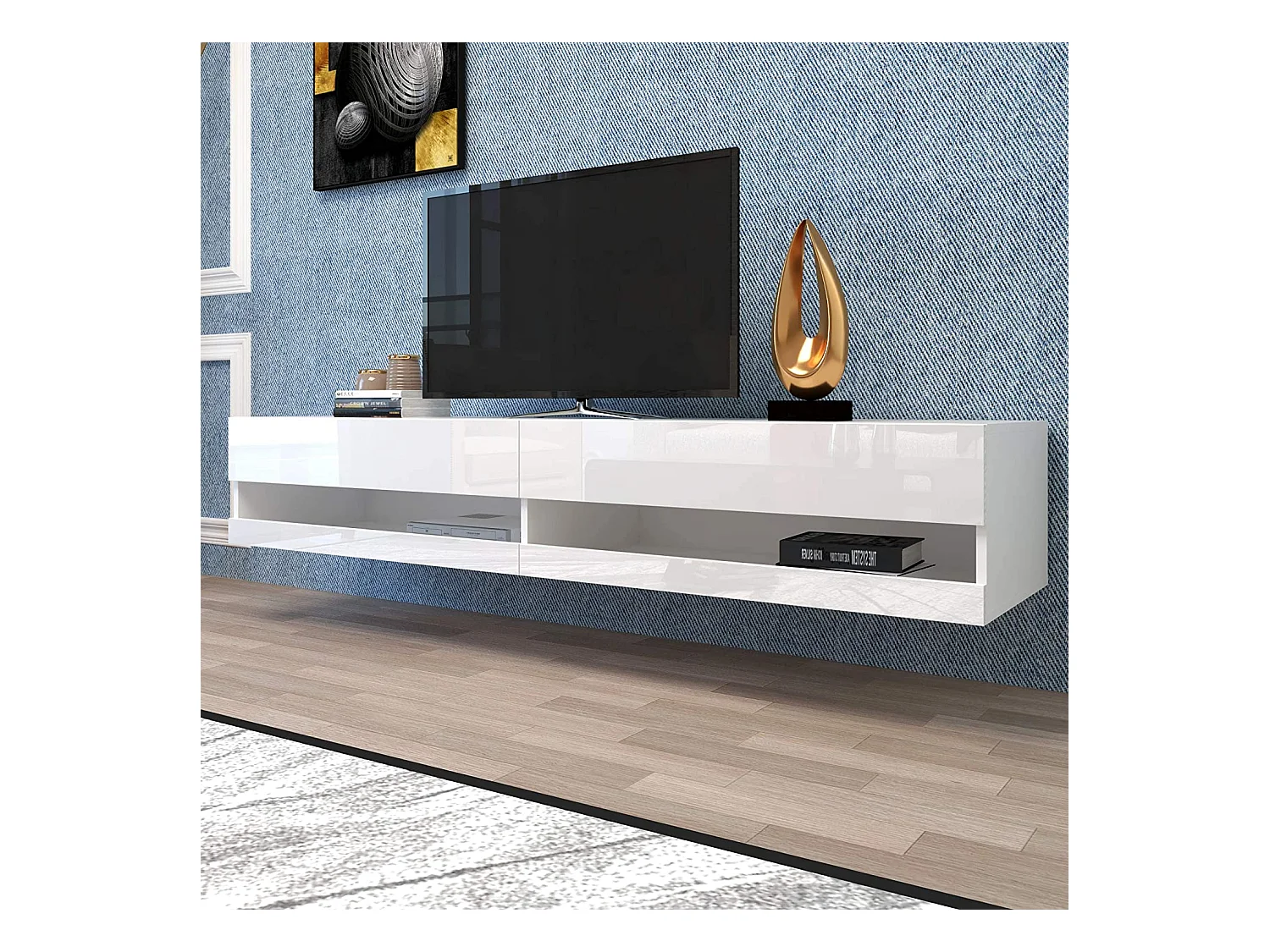 Mobile TV LED bianco con illuminazione, mobile TV basso con contenitore, design moderno, MDF, bianco (140x40x30,5cm)