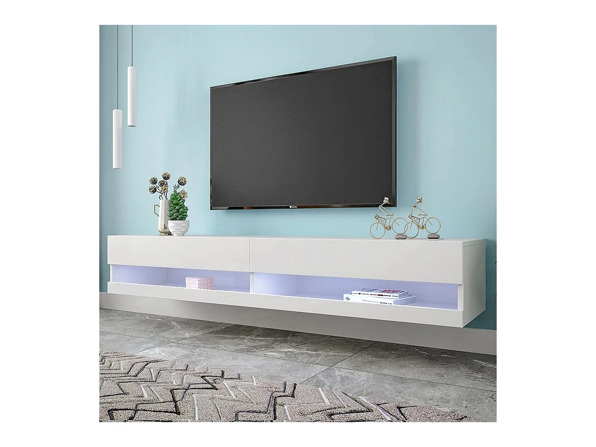 Mobile TV LED bianco con illuminazione, mobile TV basso con contenitore, design moderno, MDF, bianco (140x40x30,5cm)