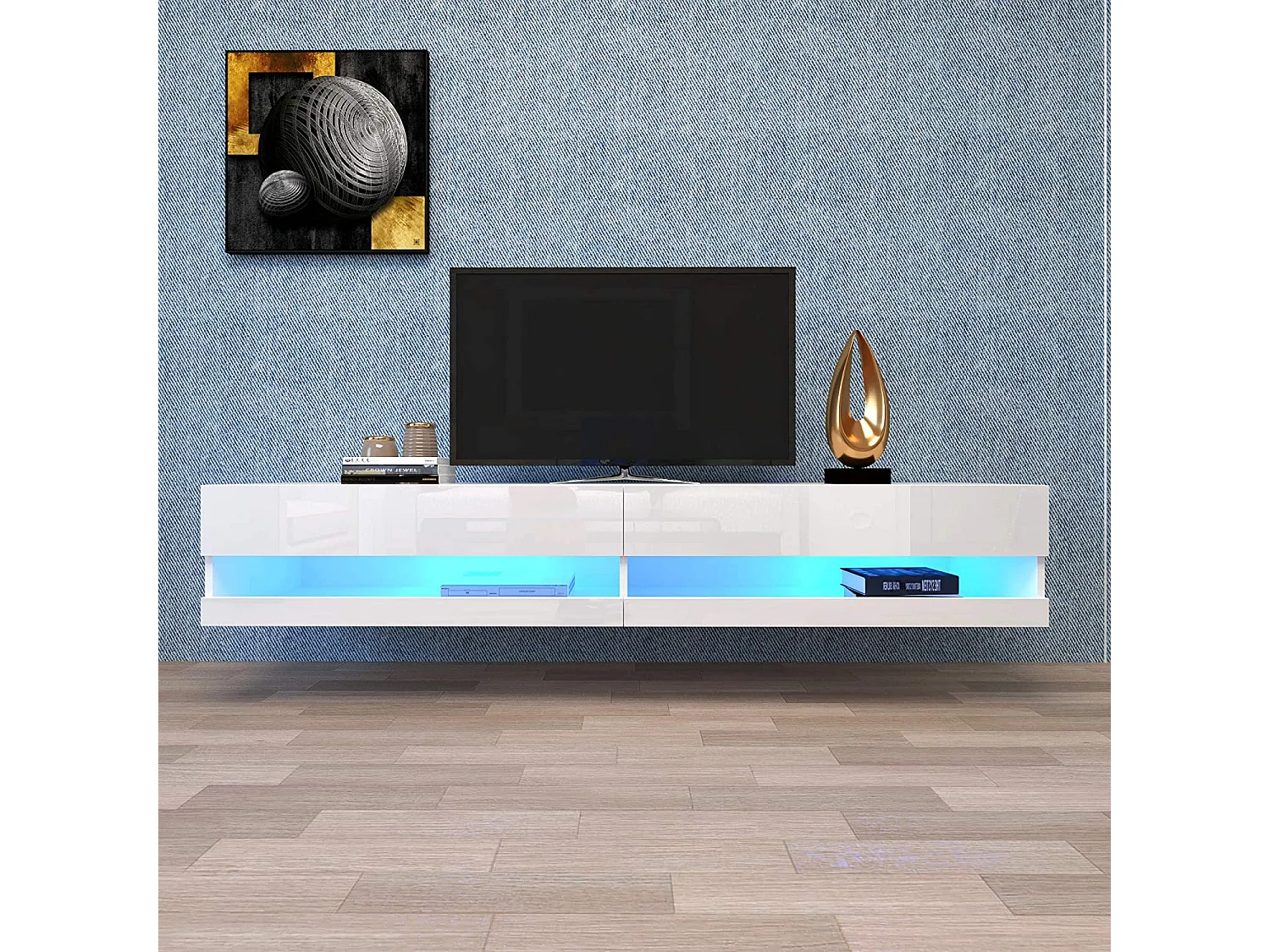 Mueble de TV LED blanco con iluminación, mueble bajo para TV con almacenaje, diseño moderno, MDF, blanco (140x40x30,5cm)