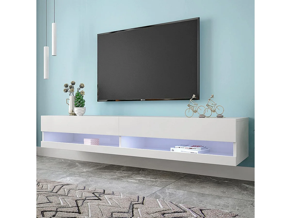 Mueble de TV LED blanco con iluminación, mueble bajo para TV con almacenaje, diseño moderno, MDF, blanco (140x40x30,5cm)