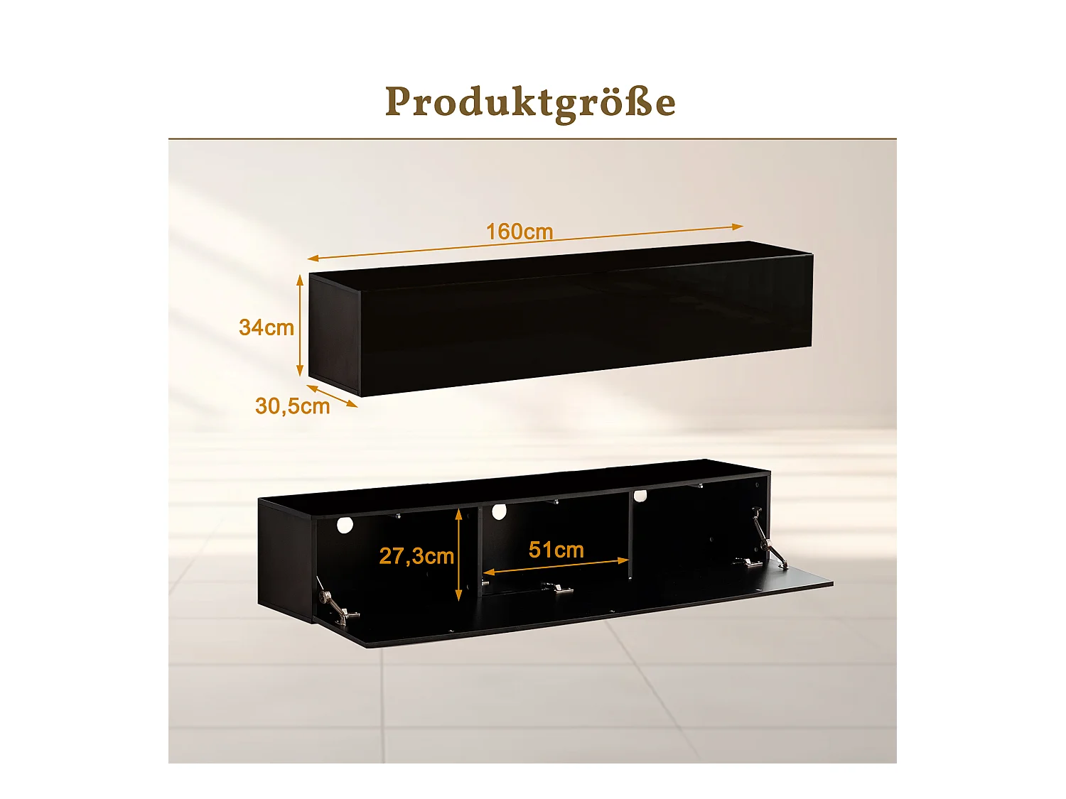 Mobile porta TV da parete, design moderno, pannello in truciolare, nero, con 3 scomparti (160x30,5x34cm)