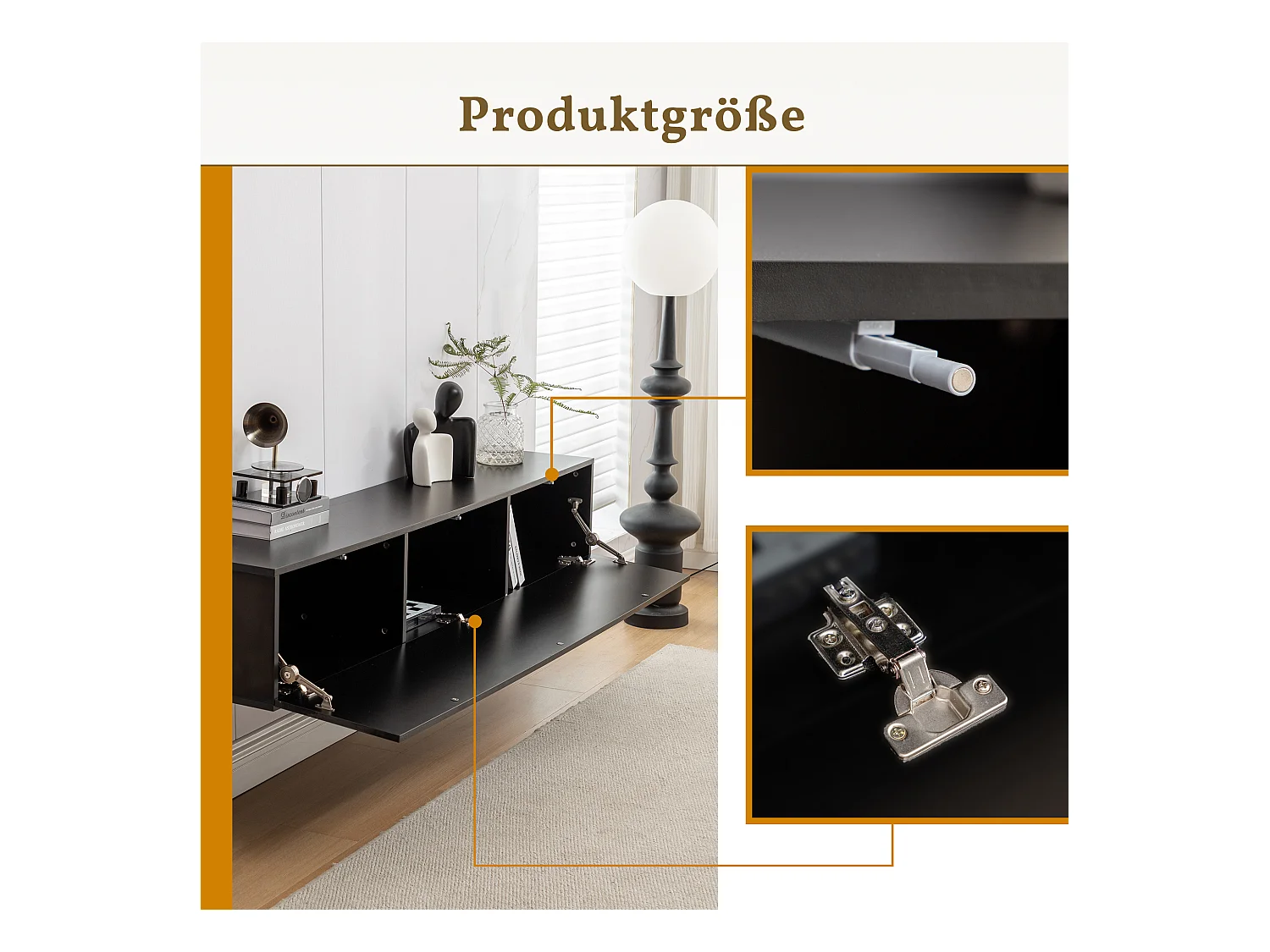 Mobile porta TV da parete, design moderno, pannello in truciolare, nero, con 3 scomparti (160x30,5x34cm)