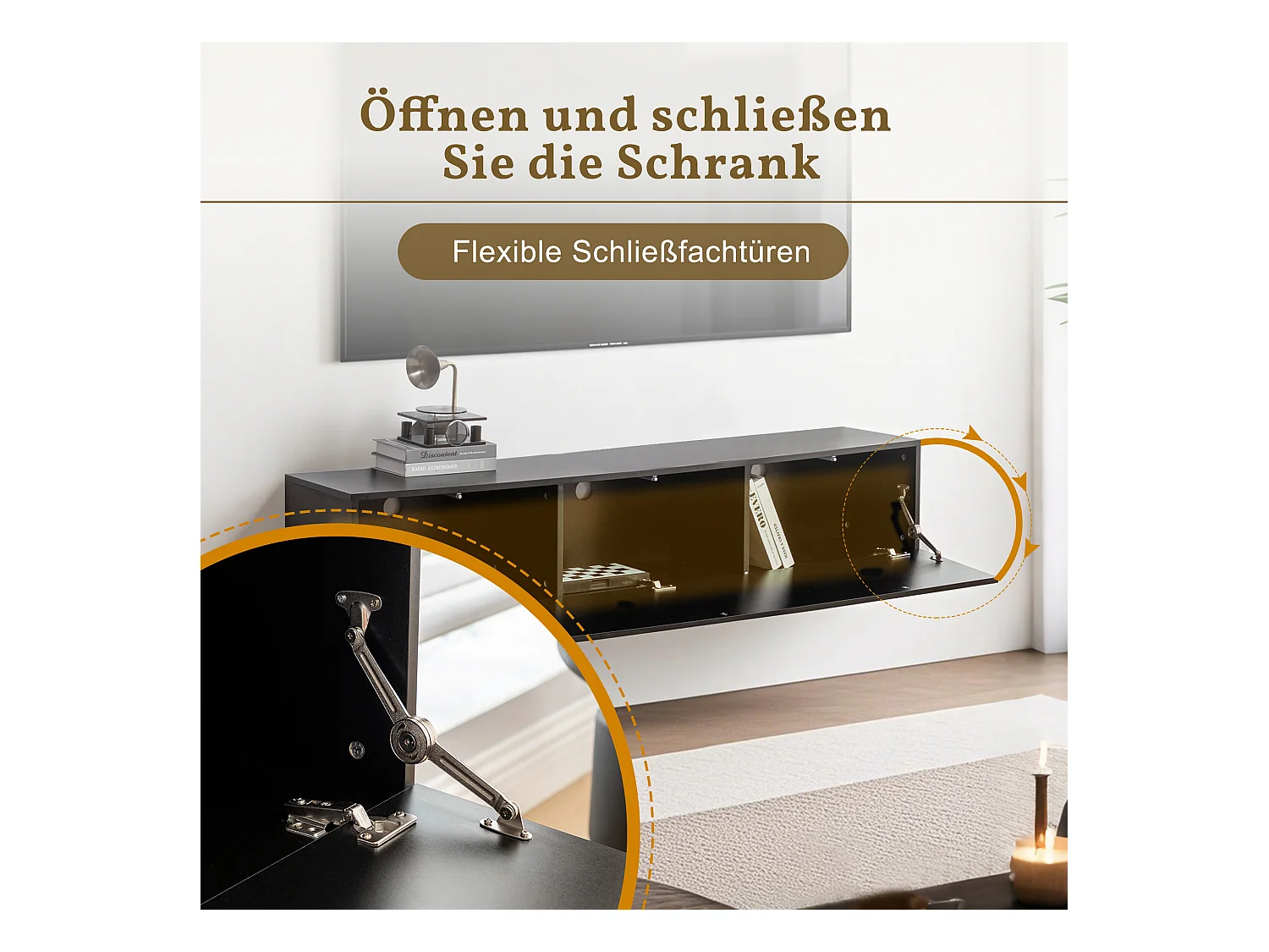 Mobile porta TV da parete, design moderno, pannello in truciolare, nero, con 3 scomparti (160x30,5x34cm)