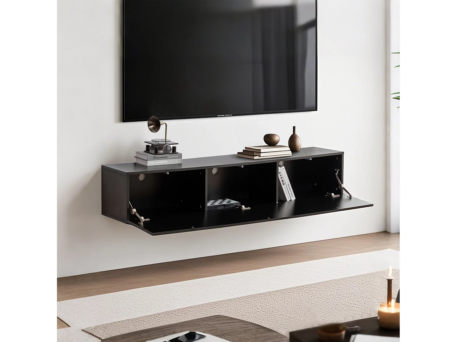 Mobile porta TV da parete, design moderno, pannello in truciolare, nero, con 3 scomparti (160x30,5x34cm)