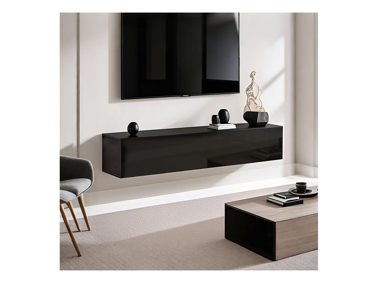 Meuble TV suspendu, design moderne, panneau en aggloméré, noir, avec 3 compartiments (160x30.5x34cm)