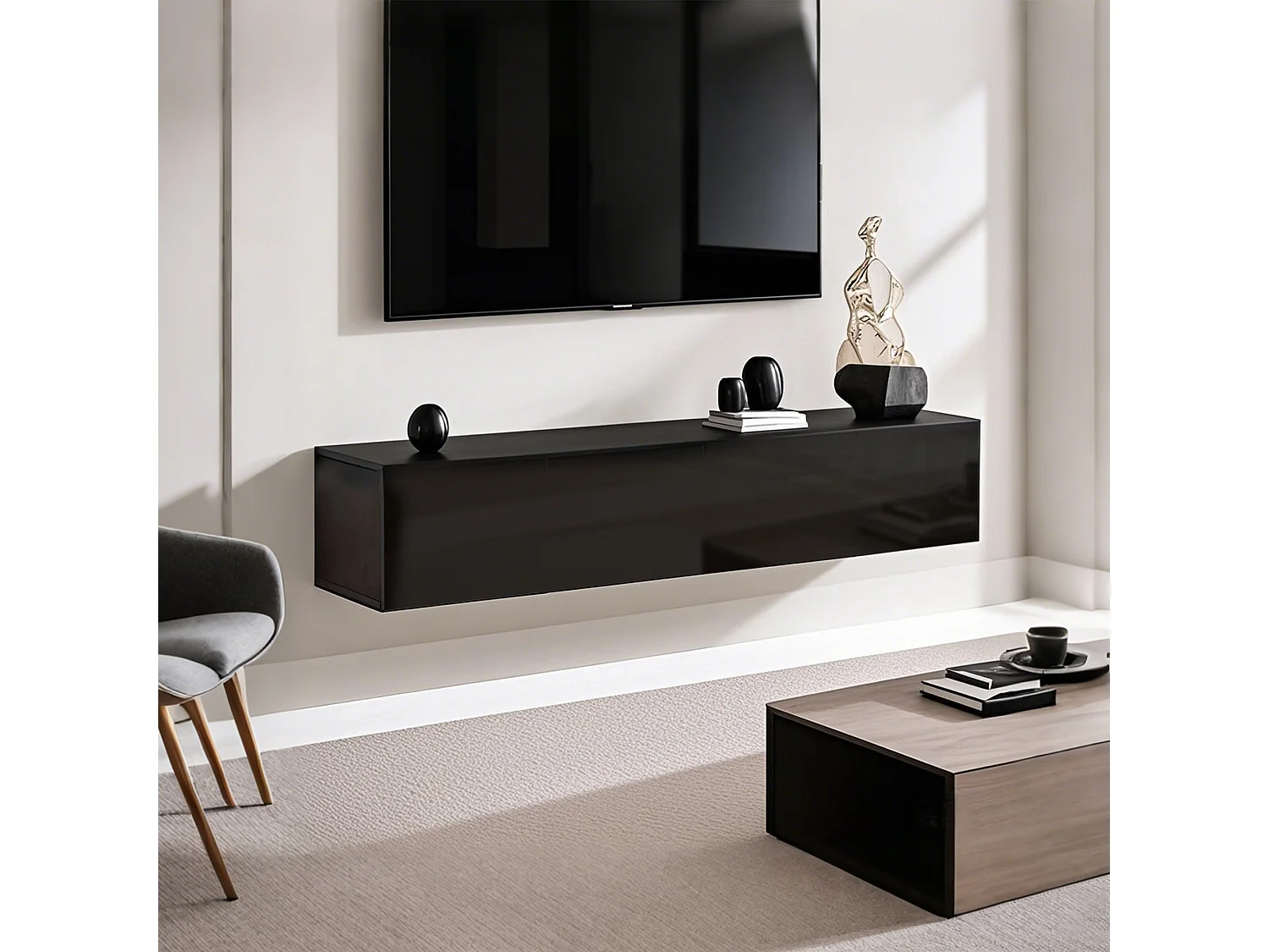Meuble TV suspendu, design moderne, panneau en aggloméré, noir, avec 3 compartiments (160x30.5x34cm)