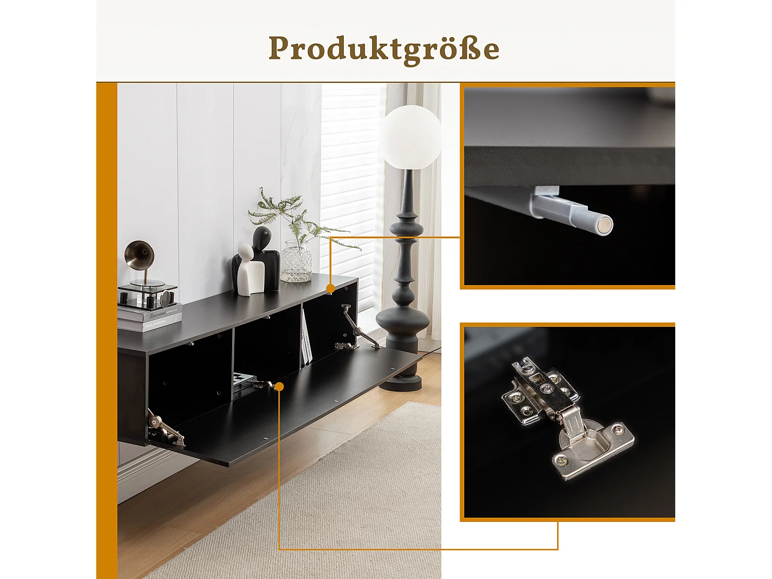 Meuble TV suspendu, design moderne, panneau en aggloméré, noir, avec 3 compartiments (160x30.5x34cm)