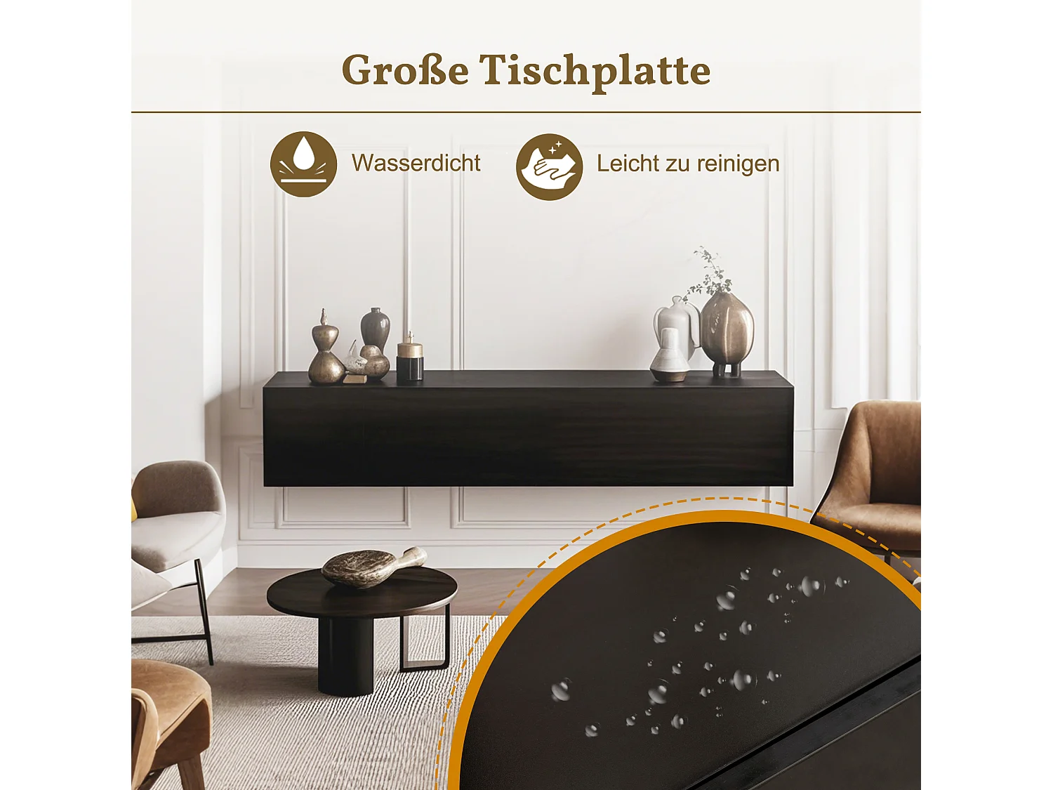 Meuble TV suspendu, design moderne, panneau en aggloméré, noir, avec 3 compartiments (160x30.5x34cm)