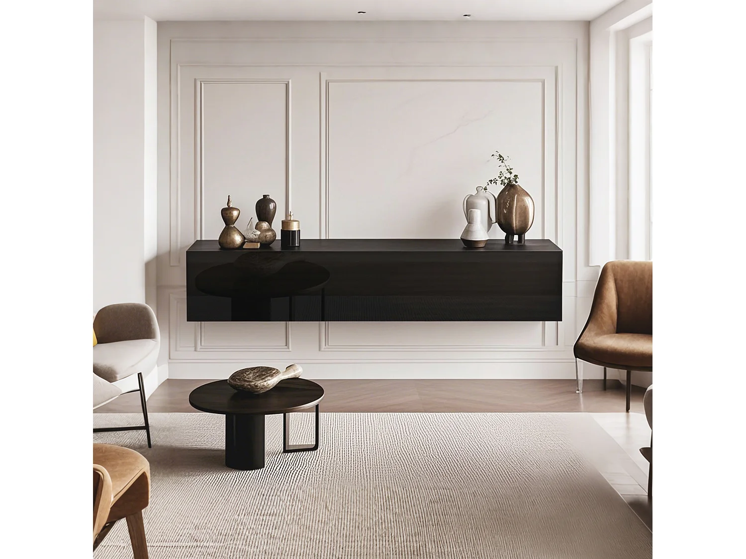 Meuble TV suspendu, design moderne, panneau en aggloméré, noir, avec 3 compartiments (160x30.5x34cm)