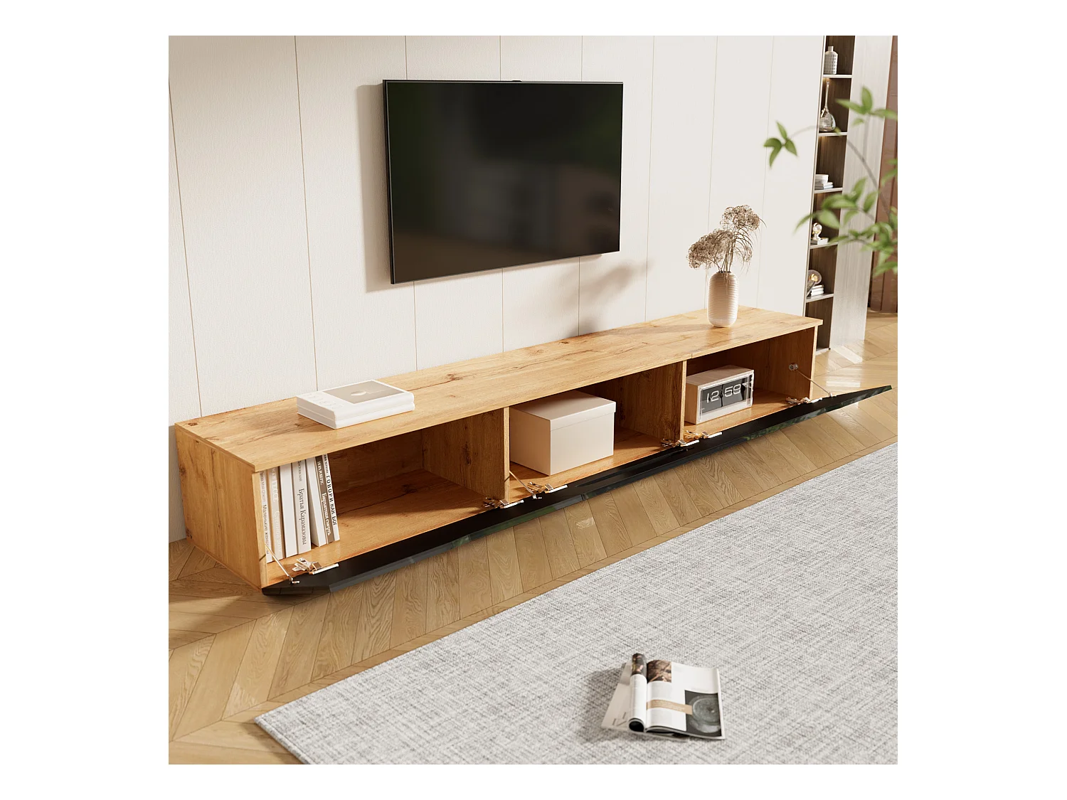 Mueble de TV con superficie lacada, 16 colores LED, montaje en pared, diseño moderno, negro y madera, (180x35x30cm)