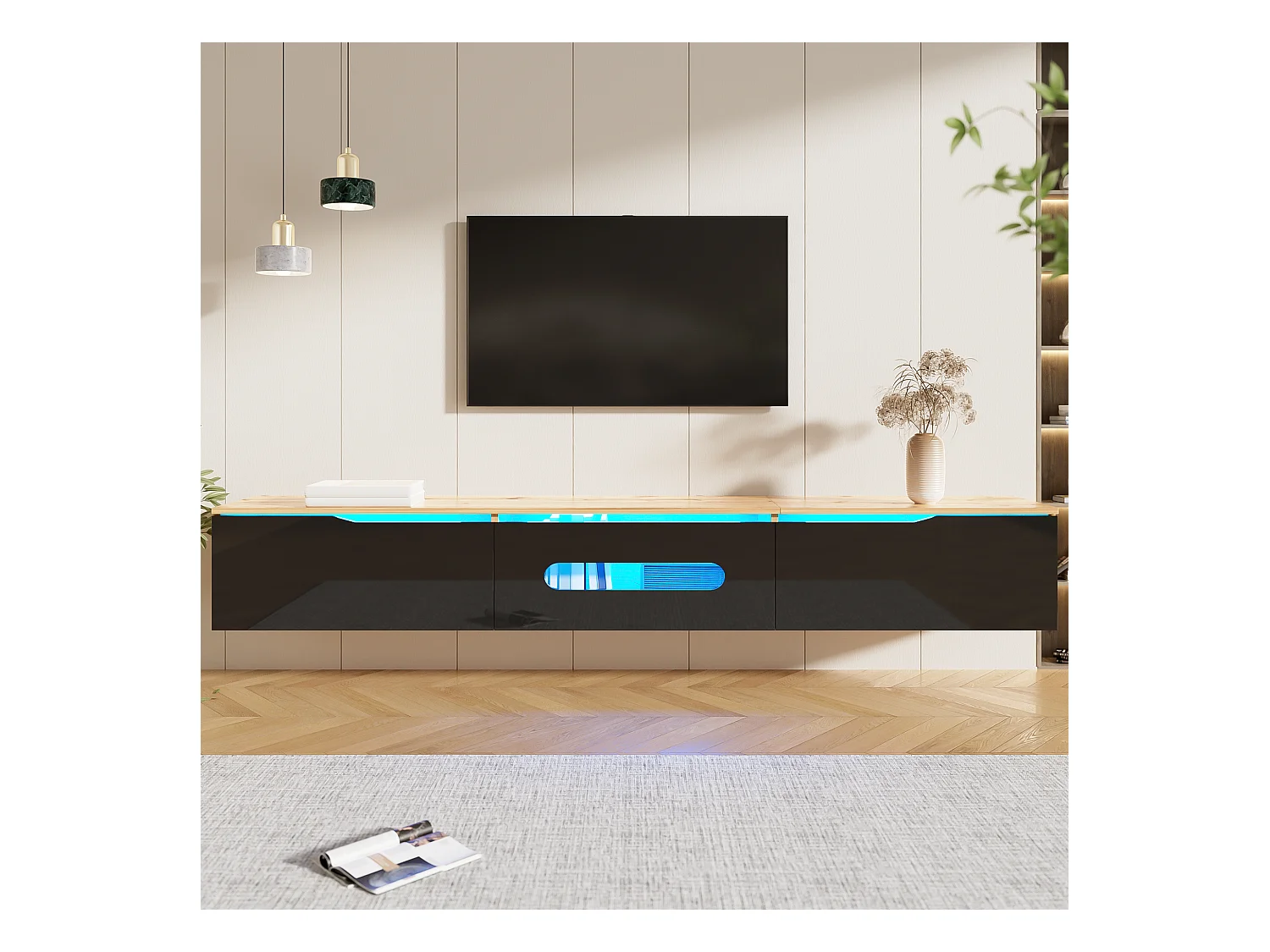 Mueble de TV con superficie lacada, 16 colores LED, montaje en pared, diseño moderno, negro y madera, (180x35x30cm)