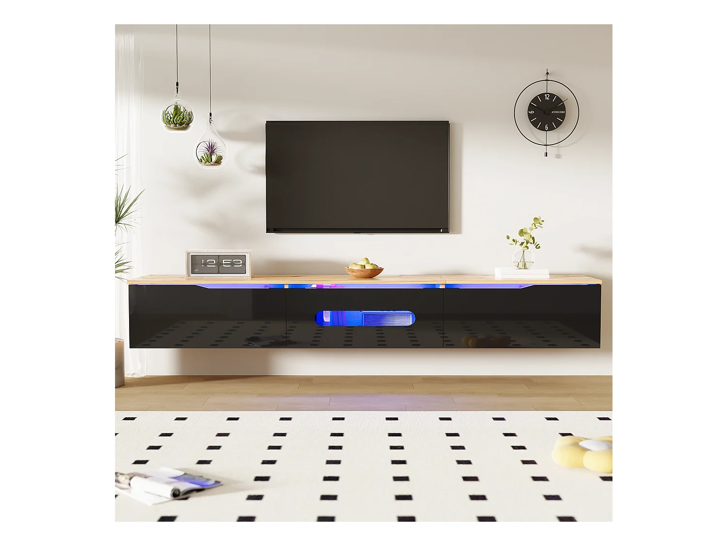 Mueble de TV con superficie lacada, 16 colores LED, montaje en pared, diseño moderno, negro y madera, (180x35x30cm)