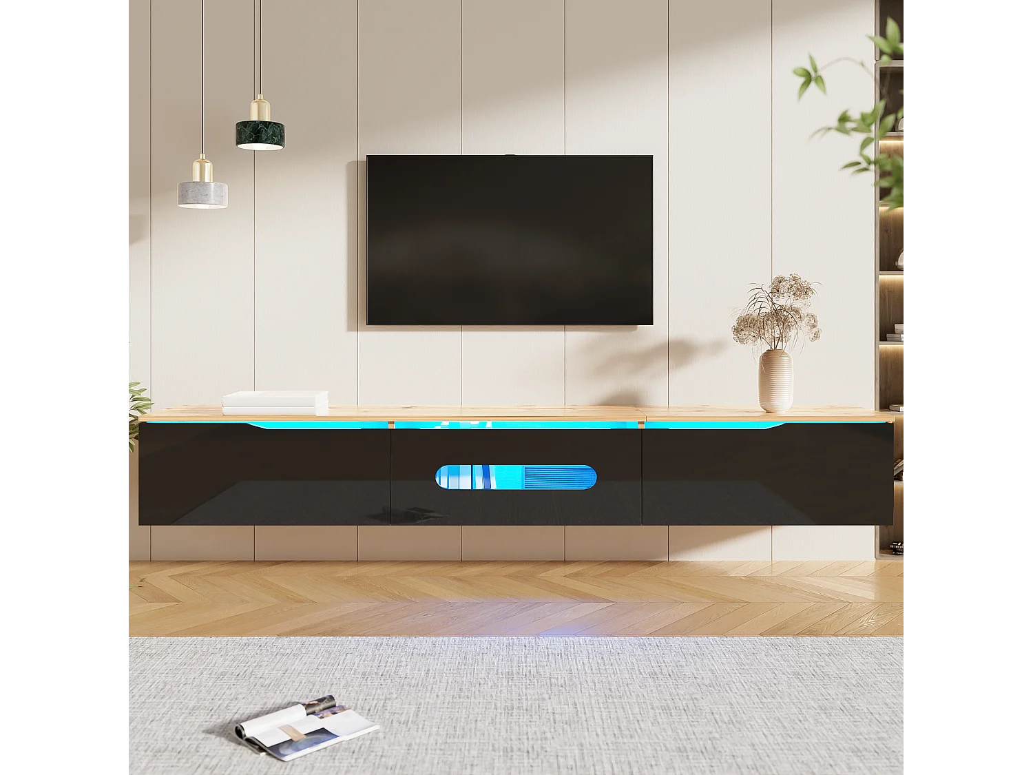 Meuble TV avec surface laquée, 16 couleurs LED, montage mural, design moderne, noir et bois, (180x35x30cm)