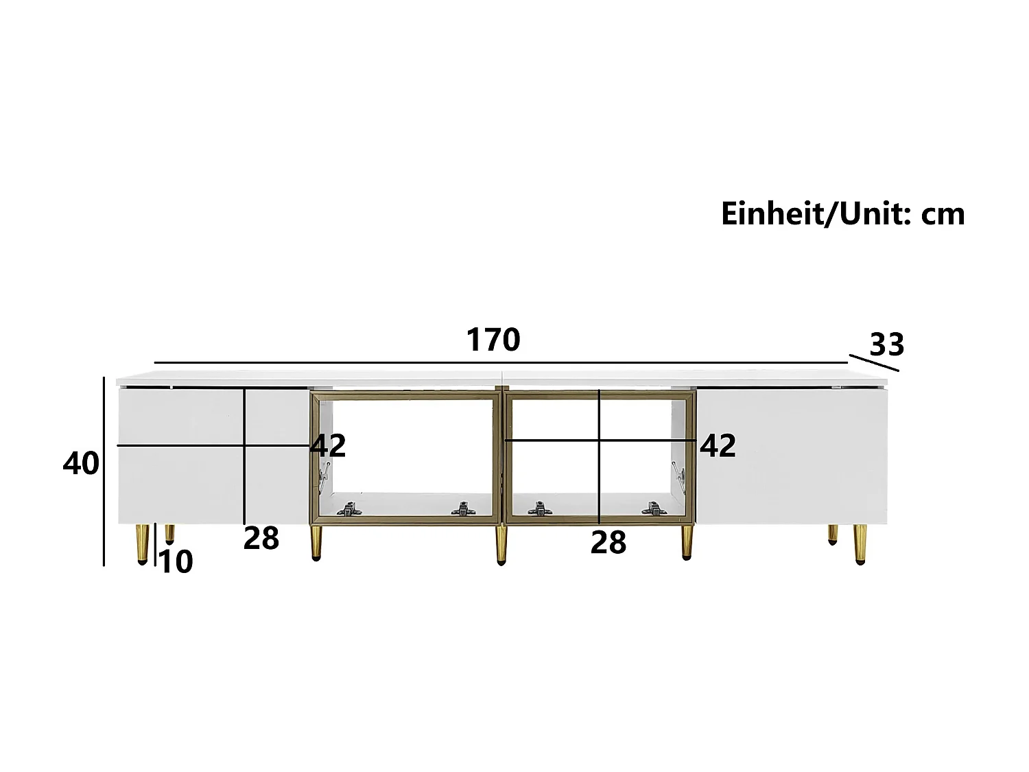 Moderne tv-kast, 170cm, minimalistische stijl wit, met 4 deuren (waarvan 2 van glas), vloer- en wandmontage, multifunctioneel (170x33x40cm)