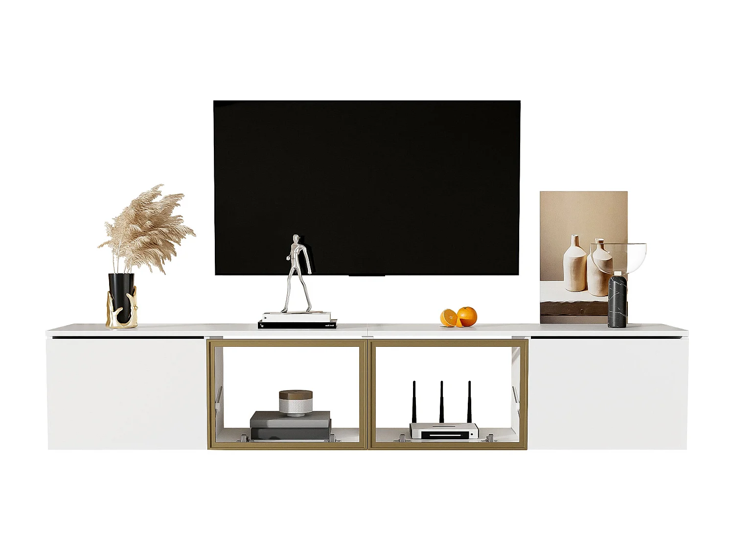 Moderne tv-kast, 170cm, minimalistische stijl wit, met 4 deuren (waarvan 2 van glas), vloer- en wandmontage, multifunctioneel (170x33x40cm)