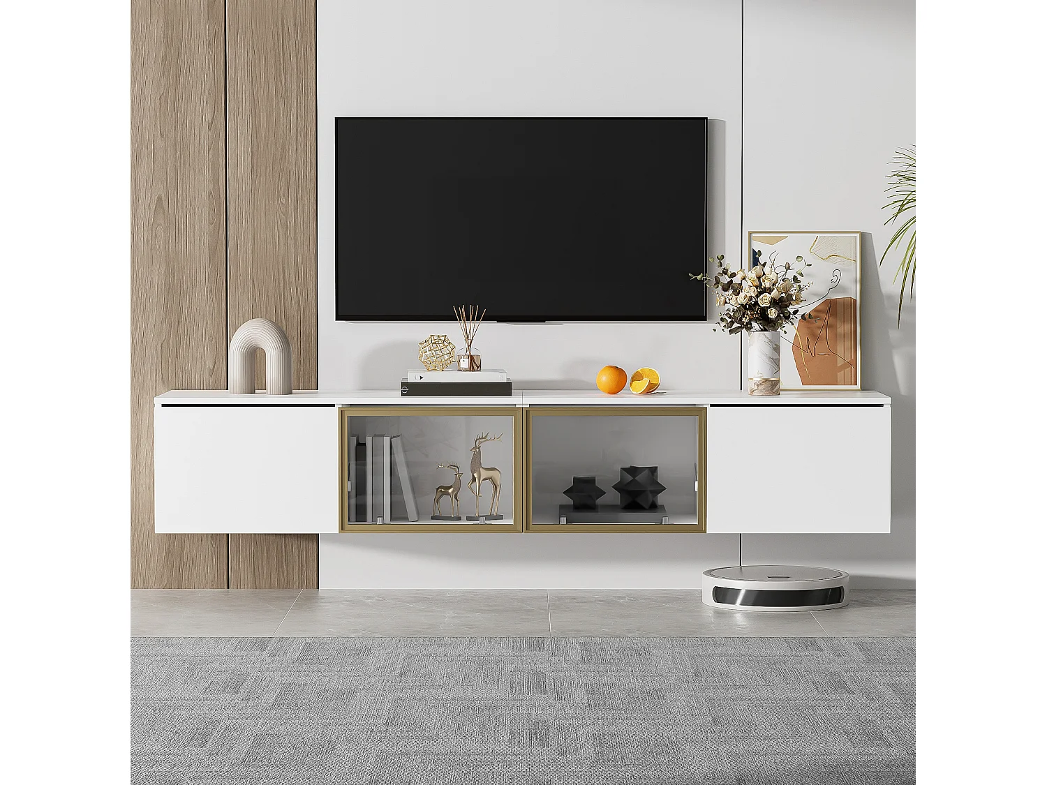Moderne tv-kast, 170cm, minimalistische stijl wit, met 4 deuren (waarvan 2 van glas), vloer- en wandmontage, multifunctioneel (170x33x40cm)