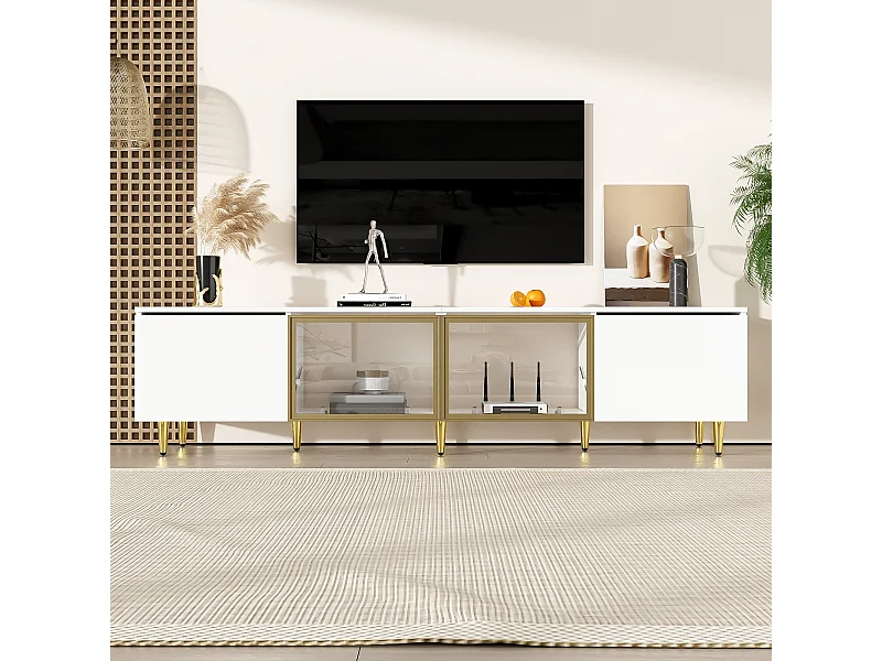 Meuble TV moderne, 170cm, style minimaliste blanc, avec 4 portes (dont 2 en verre), montage au sol et mural, multifonctionnel (170x33x40cm)