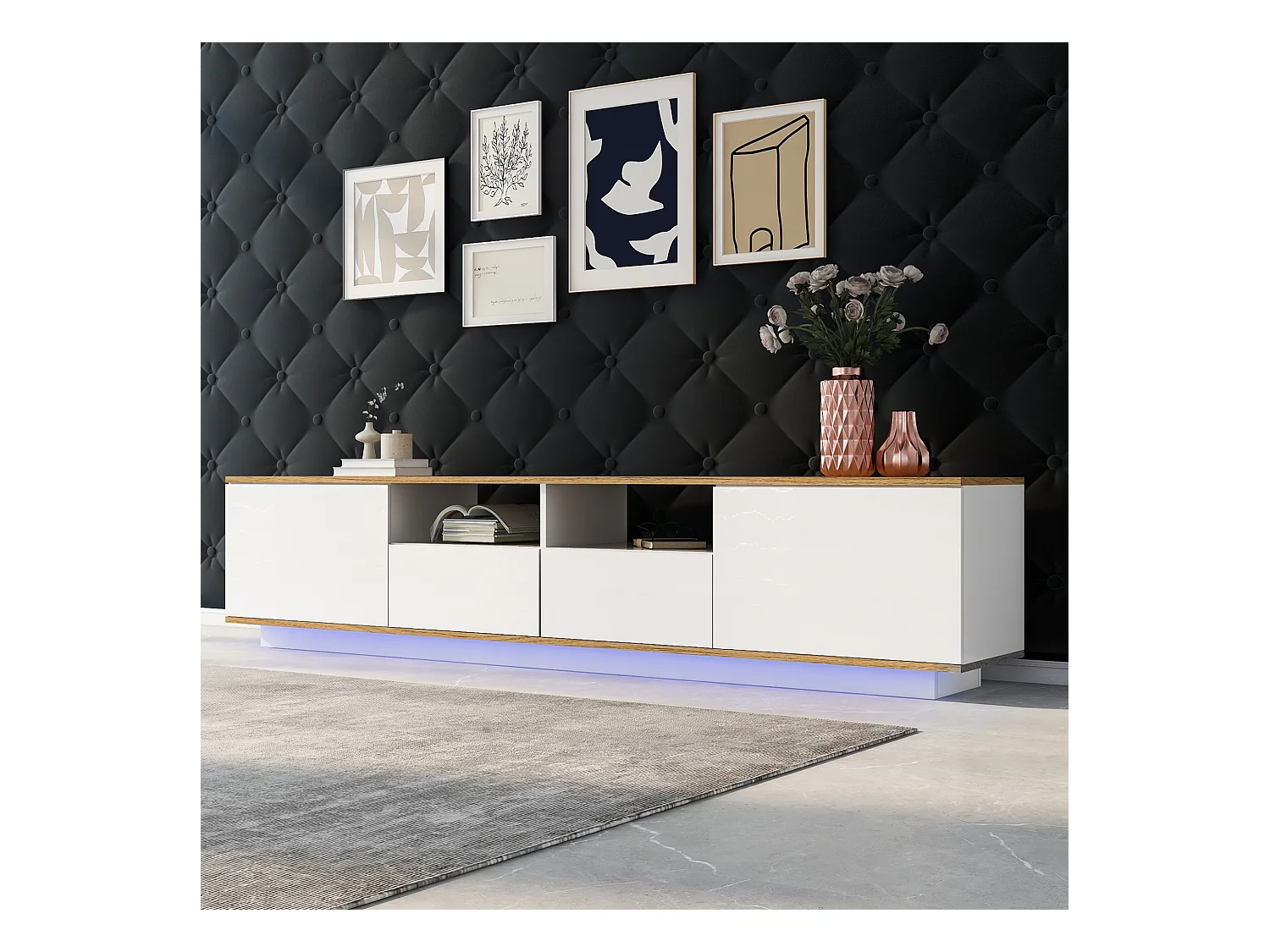 Meuble TV LED, support TV pour téléviseur de 80 pouces, design moderne, blanc et chêne, avec 6 compartiments (180x35x44 cm)