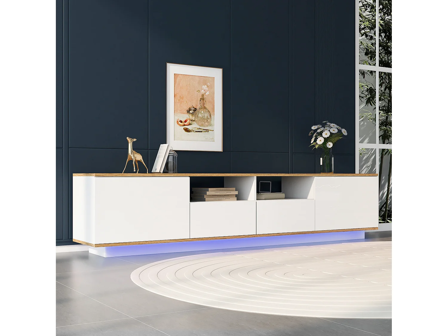 Meuble TV LED, support TV pour téléviseur de 80 pouces, design moderne, blanc et chêne, avec 6 compartiments (180x35x44 cm)