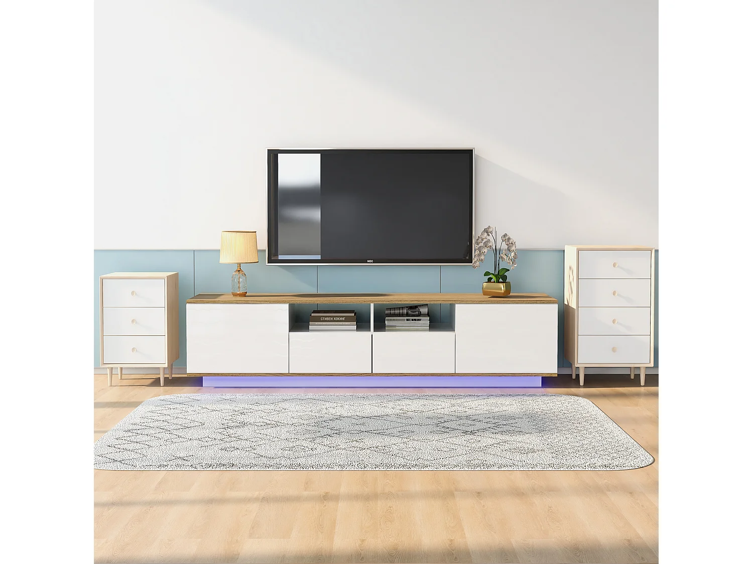 Meuble TV LED, support TV pour téléviseur de 80 pouces, design moderne, blanc et chêne, avec 6 compartiments (180x35x44 cm)