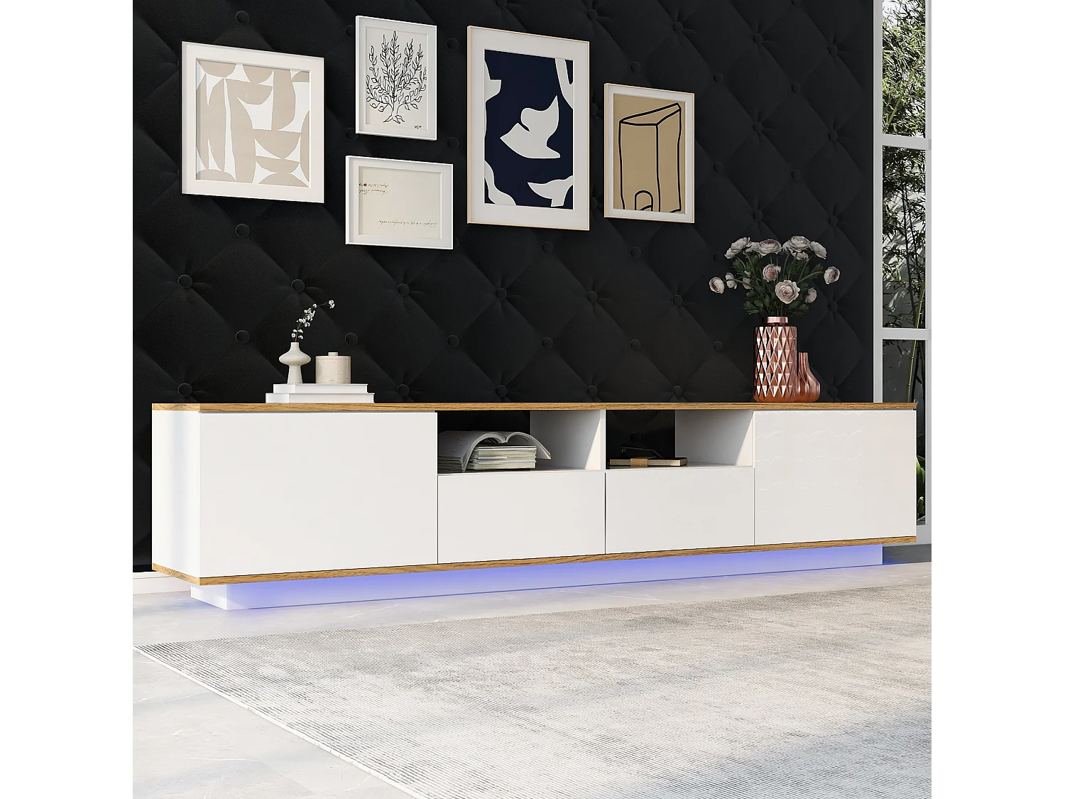 LED TV-meubel, TV-Ständer, 80 Zoll Fernseher, modern Design, wit en wit, met 6 Fächern, (180x35x44cm)