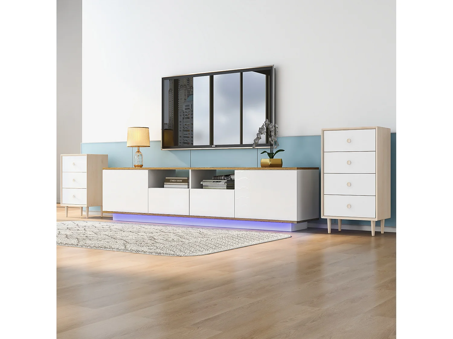 LED TV-meubel, TV-Ständer, 80 Zoll Fernseher, modern Design, wit en wit, met 6 Fächern, (180x35x44cm)