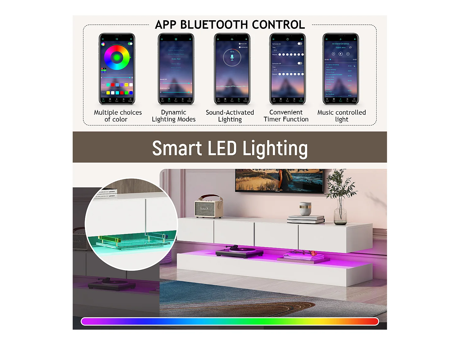 Meuble TV LED, mural, 2 armoires, 4 tiroirs, 16 couleurs LED, Bluetooth, Blanc (130x33x15cm)