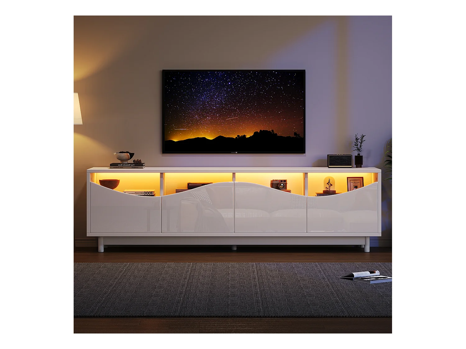 Meuble TV design courbé, blanc brillant, 1 tiroir, 3 portes, 2 étagères en verre, LED ajustable (175x38x51cm)