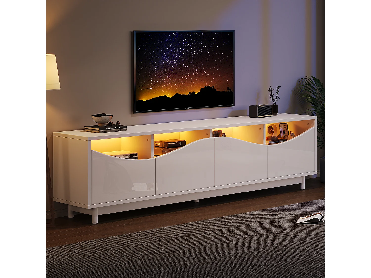 Gebogen design tv-meubel, glanzend wit, 1 lade, 3 deuren, 2 glazen planken, verstelbare led (175x38x51cm)