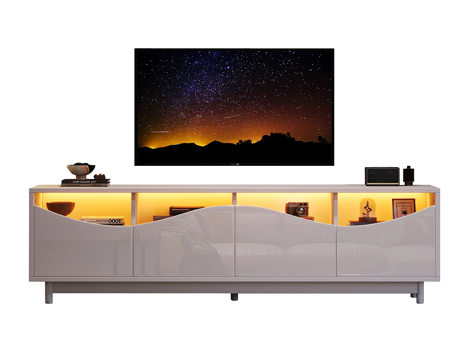 Gebogen design tv-meubel, glanzend wit, 1 lade, 3 deuren, 2 glazen planken, verstelbare led (175x38x51cm)