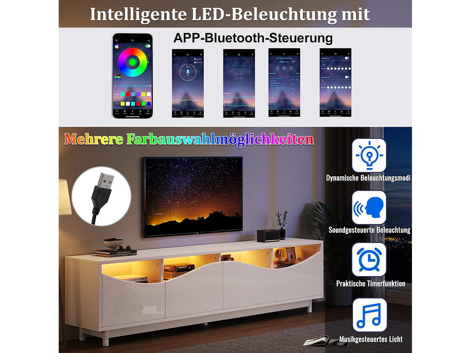 Gebogen design tv-meubel, glanzend wit, 1 lade, 3 deuren, 2 glazen planken, verstelbare led (175x38x51cm)