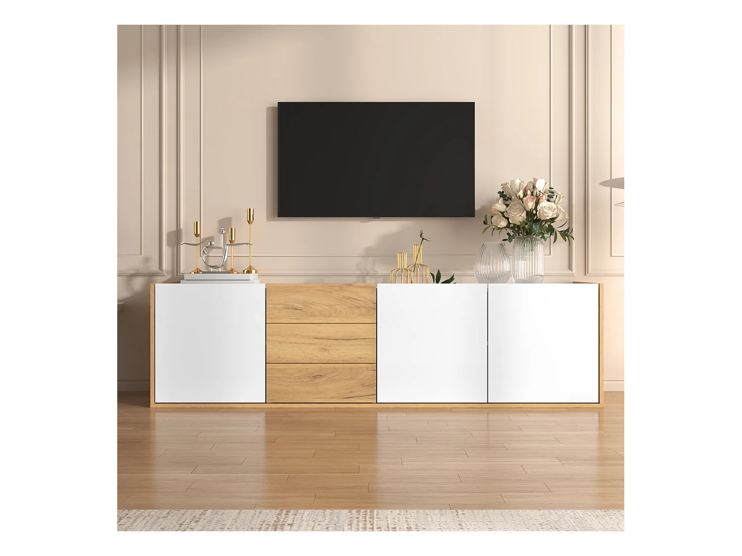 Meuble TV Design Blanc et Bois, 3 Portes, 3 Tiroirs, MDF, Montage au Sol ou Mur (171.5x35x47cm)