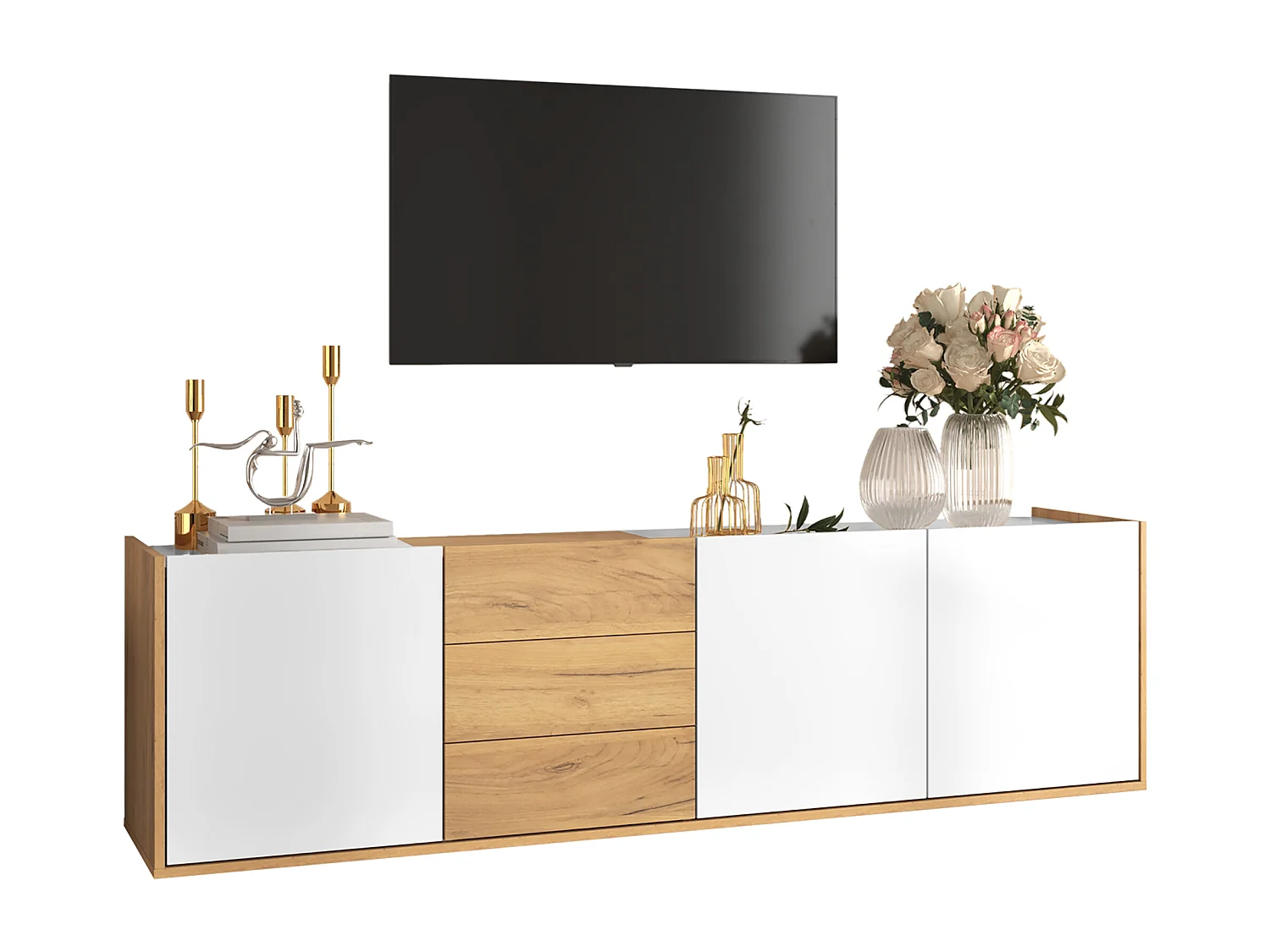 Meuble TV Design Blanc et Bois, 3 Portes, 3 Tiroirs, MDF, Montage au Sol ou Mur (171.5x35x47cm)