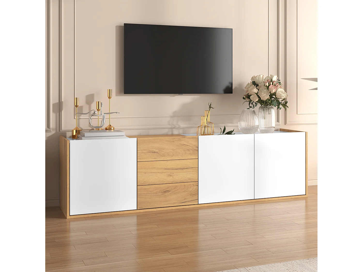 Meuble TV Design Blanc et Bois, 3 Portes, 3 Tiroirs, MDF, Montage au Sol ou Mur (171.5x35x47cm)