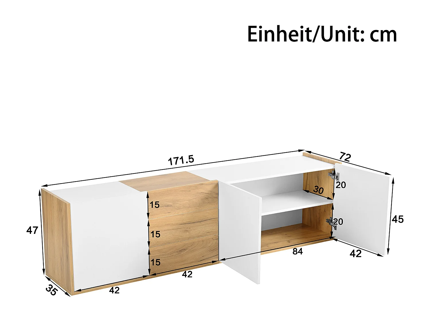 Meuble TV Design Blanc et Bois, 3 Portes, 3 Tiroirs, MDF, Montage au Sol ou Mur (171.5x35x47cm)