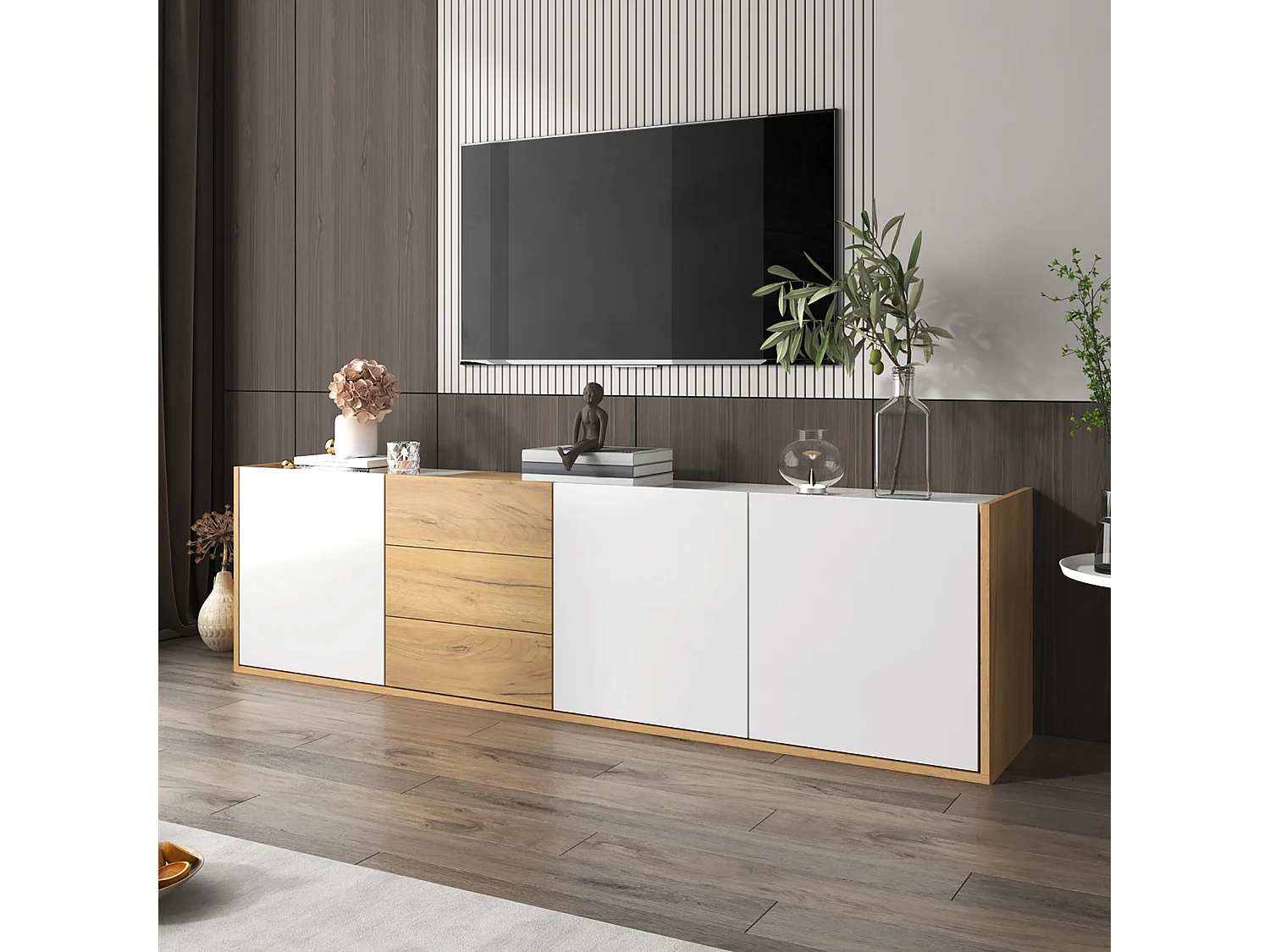 Mueble de TV de diseño en blanco y madera, 3 puertas, 3 cajones, MDF, para suelo o pared (171,5 x 35 x 47 cm)