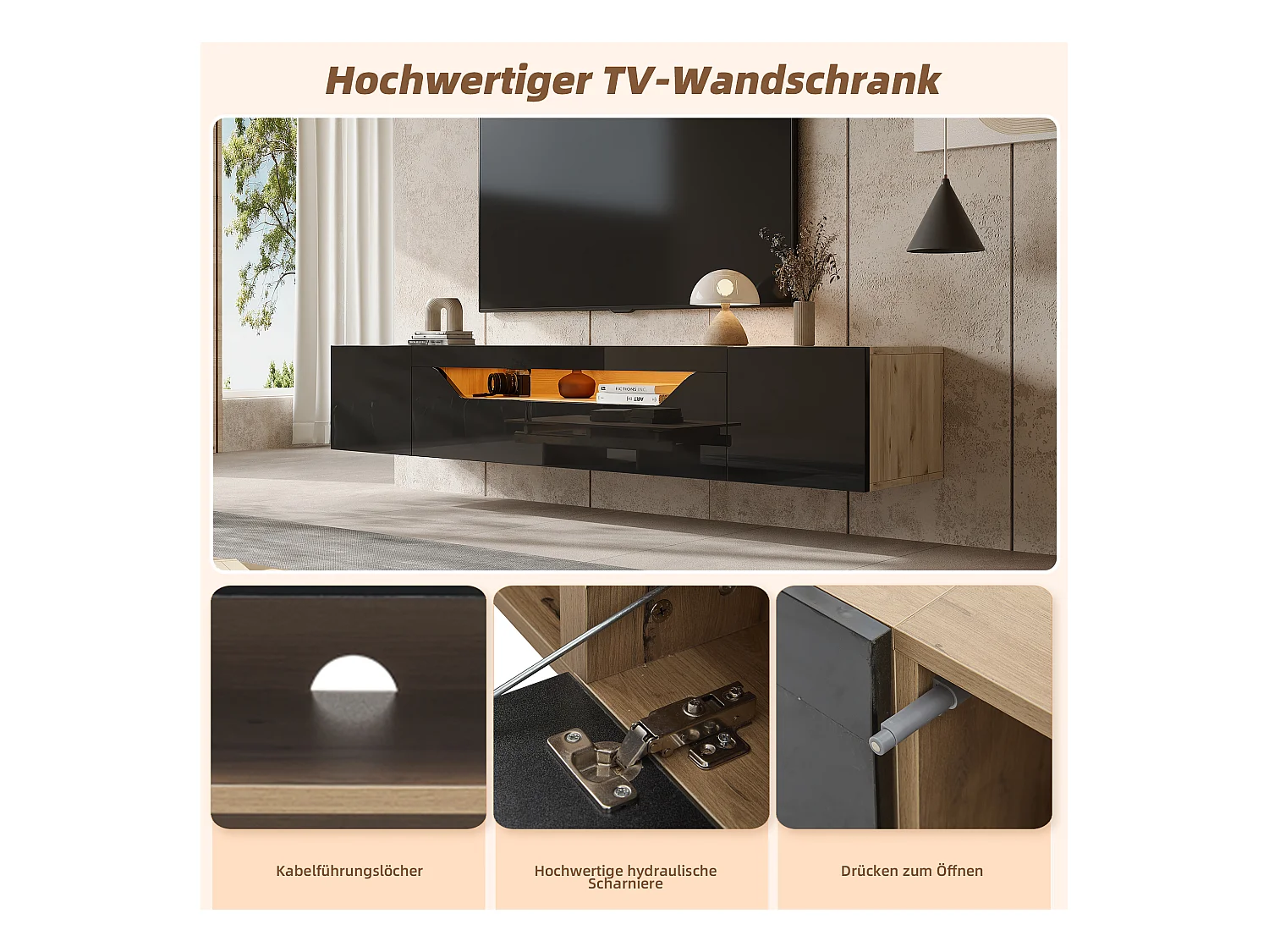 Mobile porta TV a parete con 3 scomparti, illuminazione LED, per TV fino a 75 pollici, legno naturale e nero (180x37x36 cm)