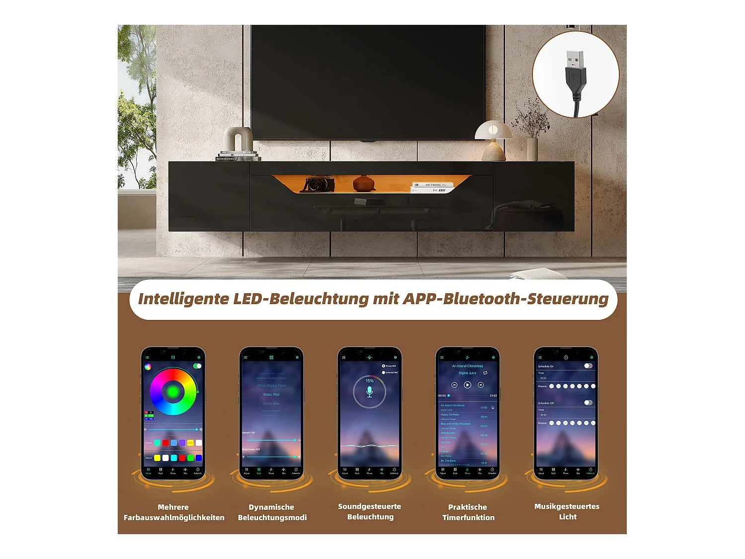 Mobile porta TV a parete con 3 scomparti, illuminazione LED, per TV fino a 75 pollici, legno naturale e nero (180x37x36 cm)