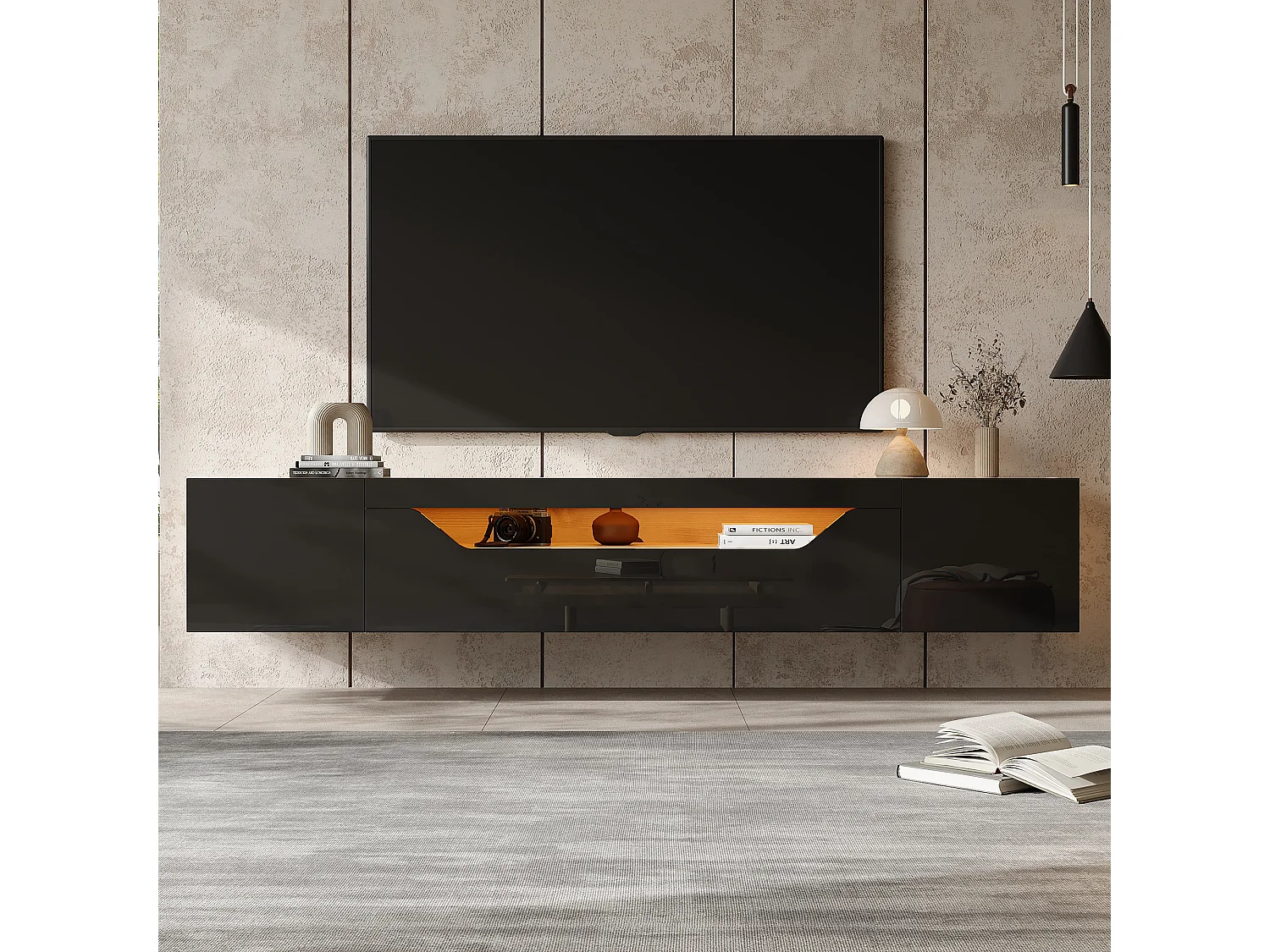Mueble TV de pared con 3 compartimentos, iluminación LED, para TV de hasta 75 pulgadas, madera natural y negro (180x37x36 cm)