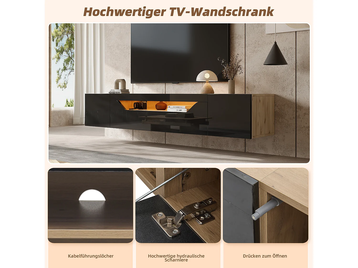 Mueble TV de pared con 3 compartimentos, iluminación LED, para TV de hasta 75 pulgadas, madera natural y negro (180x37x36 cm)