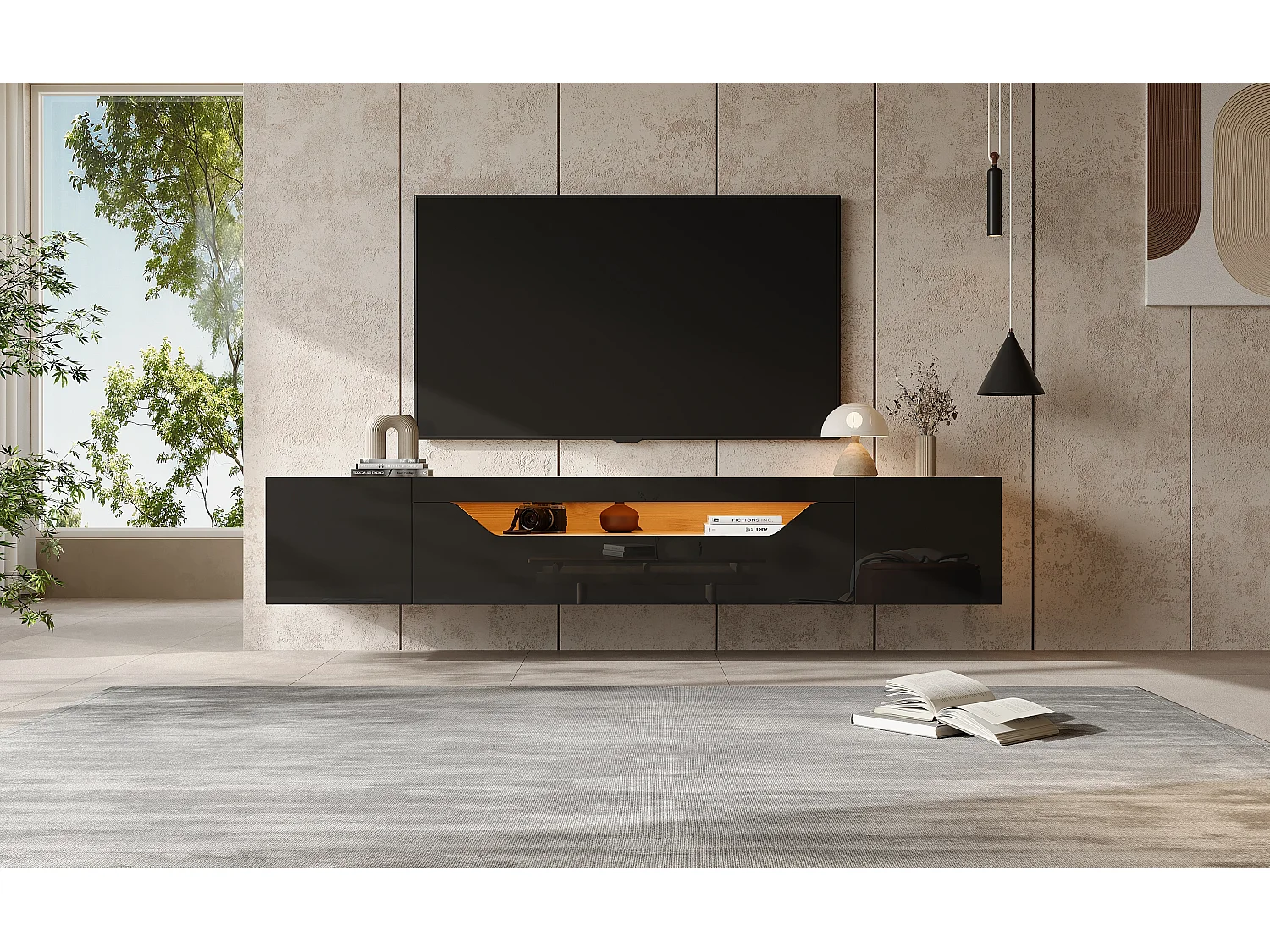 Mueble TV de pared con 3 compartimentos, iluminación LED, para TV de hasta 75 pulgadas, madera natural y negro (180x37x36 cm)
