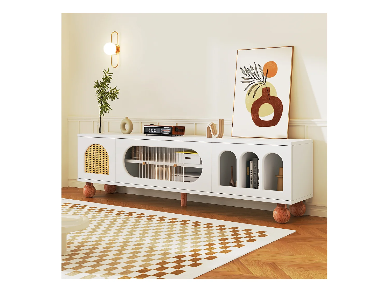 Meuble TV avec portes en verre, design moderne, MDF, blanc et bois, avec 4 tiroirs et compartiments ouverts (170x47x37cm)