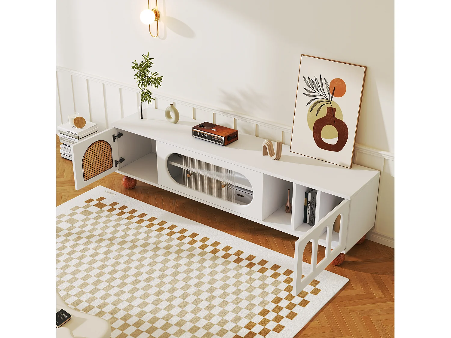 Meuble TV avec portes en verre, design moderne, MDF, blanc et bois, avec 4 tiroirs et compartiments ouverts (170x47x37cm)