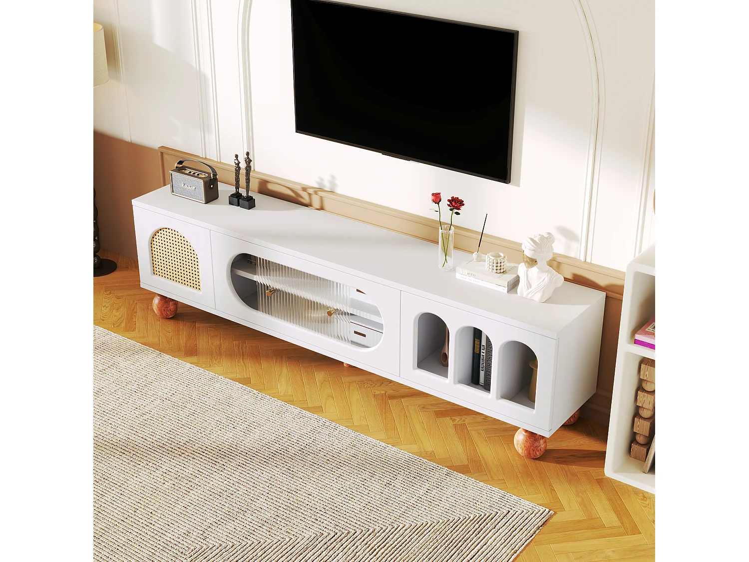 Meuble TV avec portes en verre, design moderne, MDF, blanc et bois, avec 4 tiroirs et compartiments ouverts (170x47x37cm)