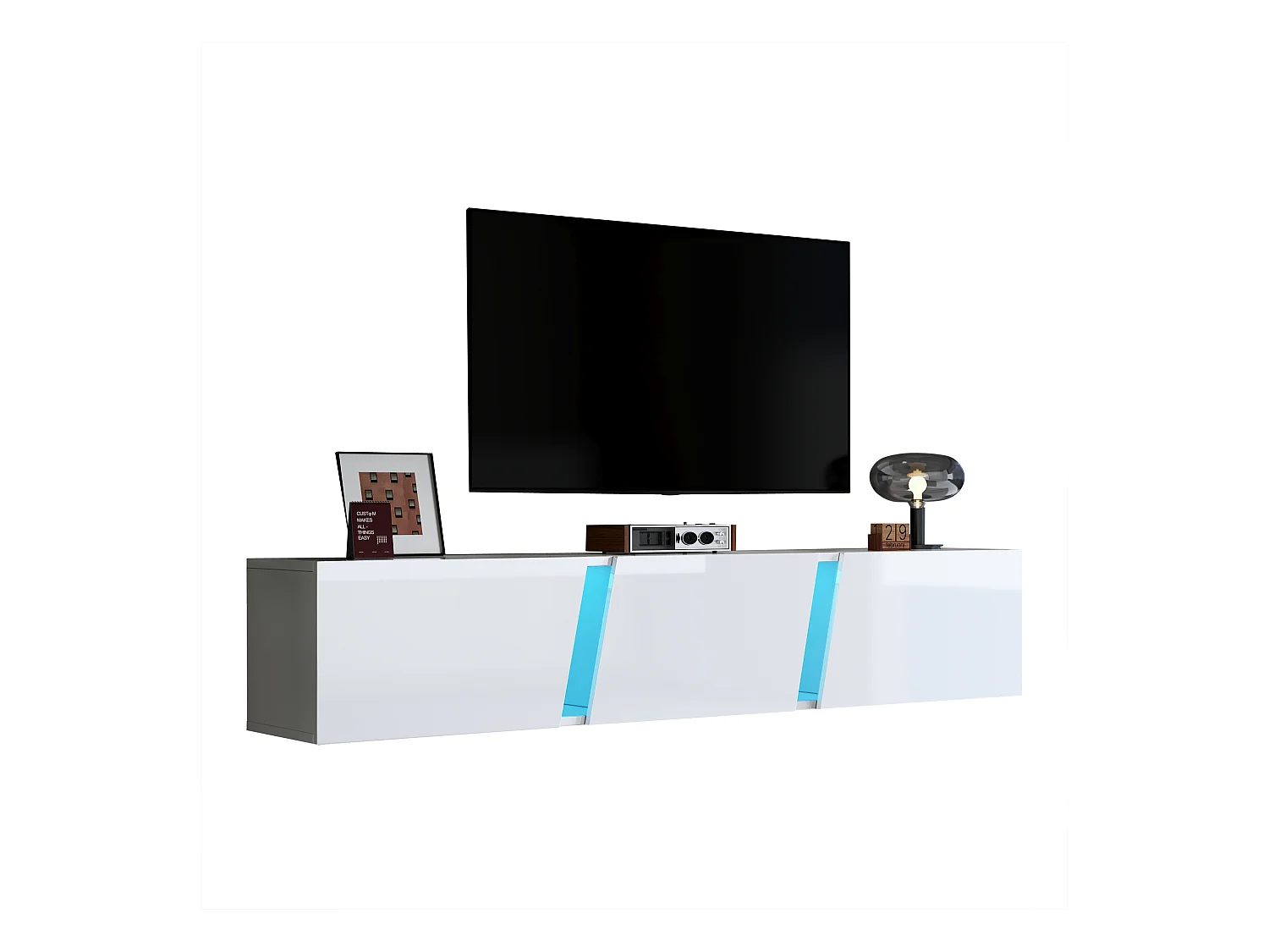Meuble TV 180cm Suspendu avec 3 Compartiments, Éclairage LED, Design Haut Brillant, Téléviseur jusqu'à 75 pouces – Blanc (180x35x30cm)