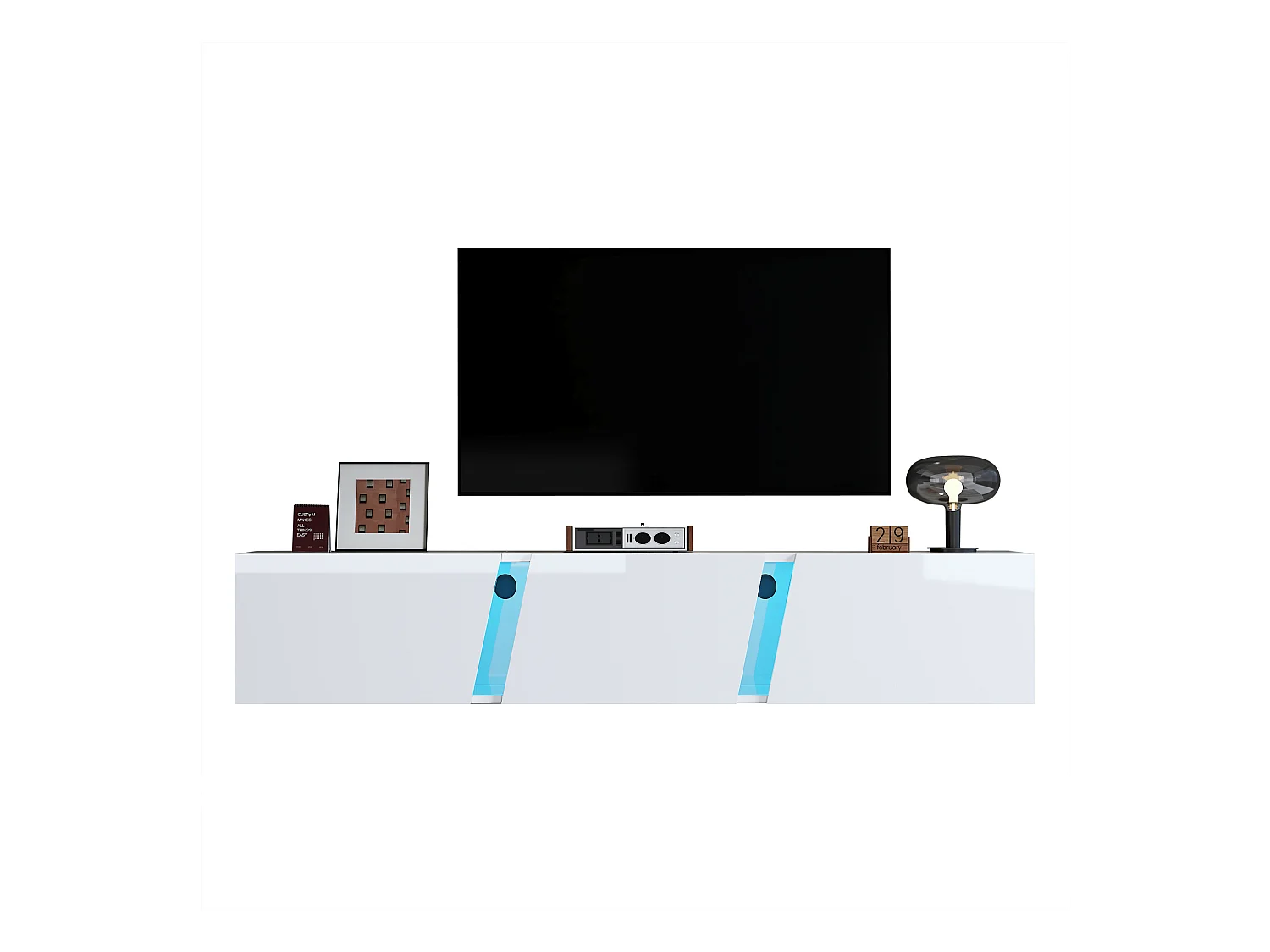 Meuble TV 180cm Suspendu avec 3 Compartiments, Éclairage LED, Design Haut Brillant, Téléviseur jusqu'à 75 pouces – Blanc (180x35x30cm)