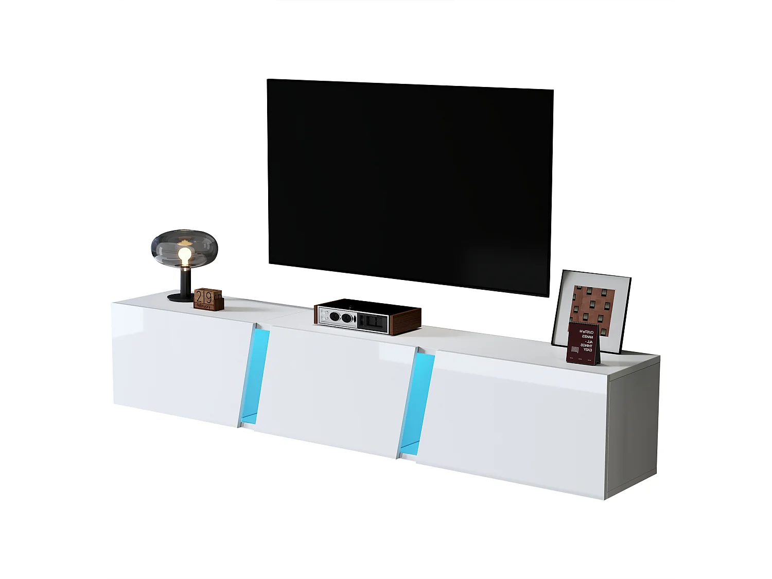 180cm wandgemonteerde tv-standaard met 3 compartimenten, led-verlichting, hoogglans design, tv tot 75 inch - wit (180x35x30cm)