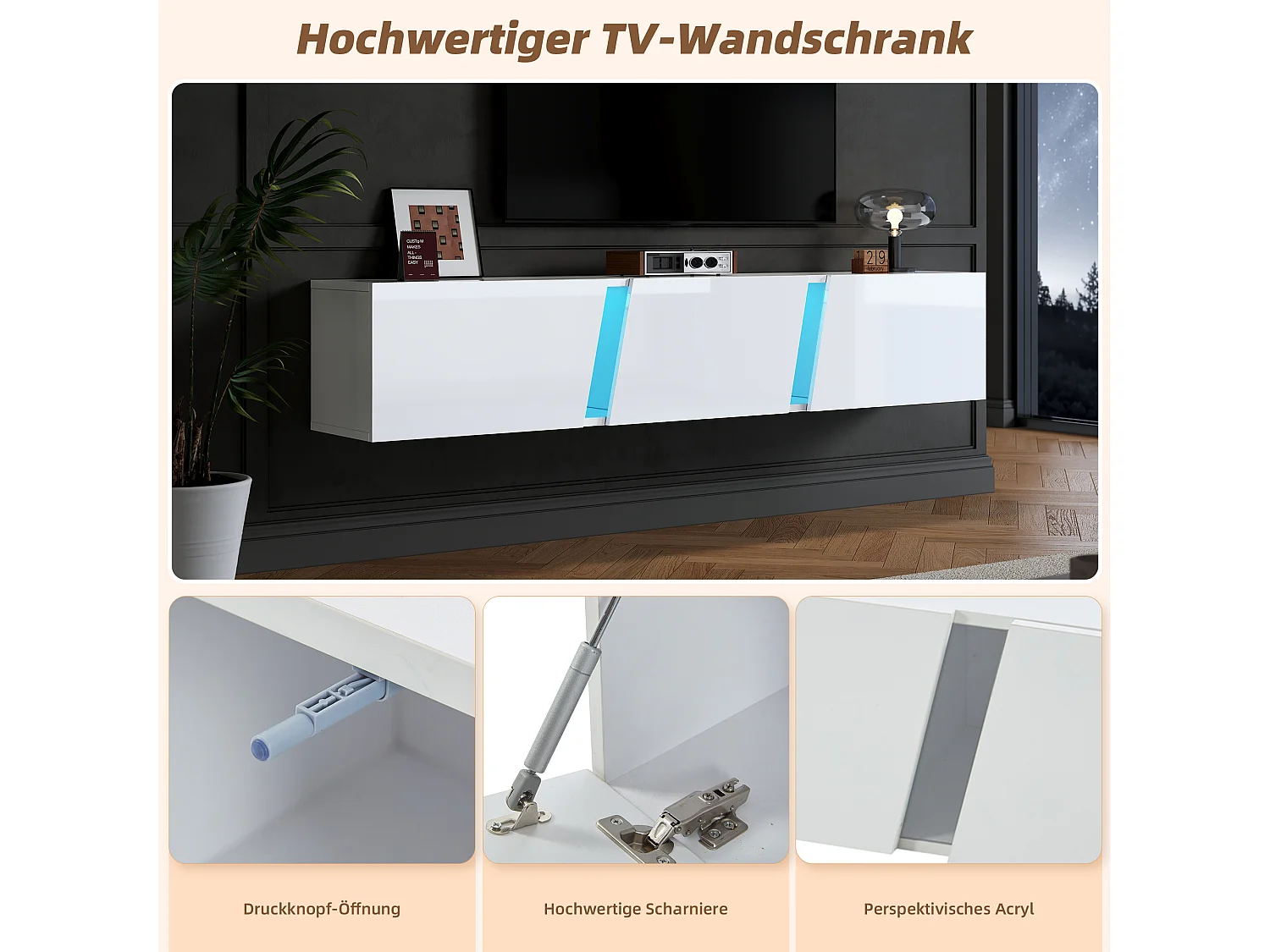 180cm wandgemonteerde tv-standaard met 3 compartimenten, led-verlichting, hoogglans design, tv tot 75 inch - wit (180x35x30cm)